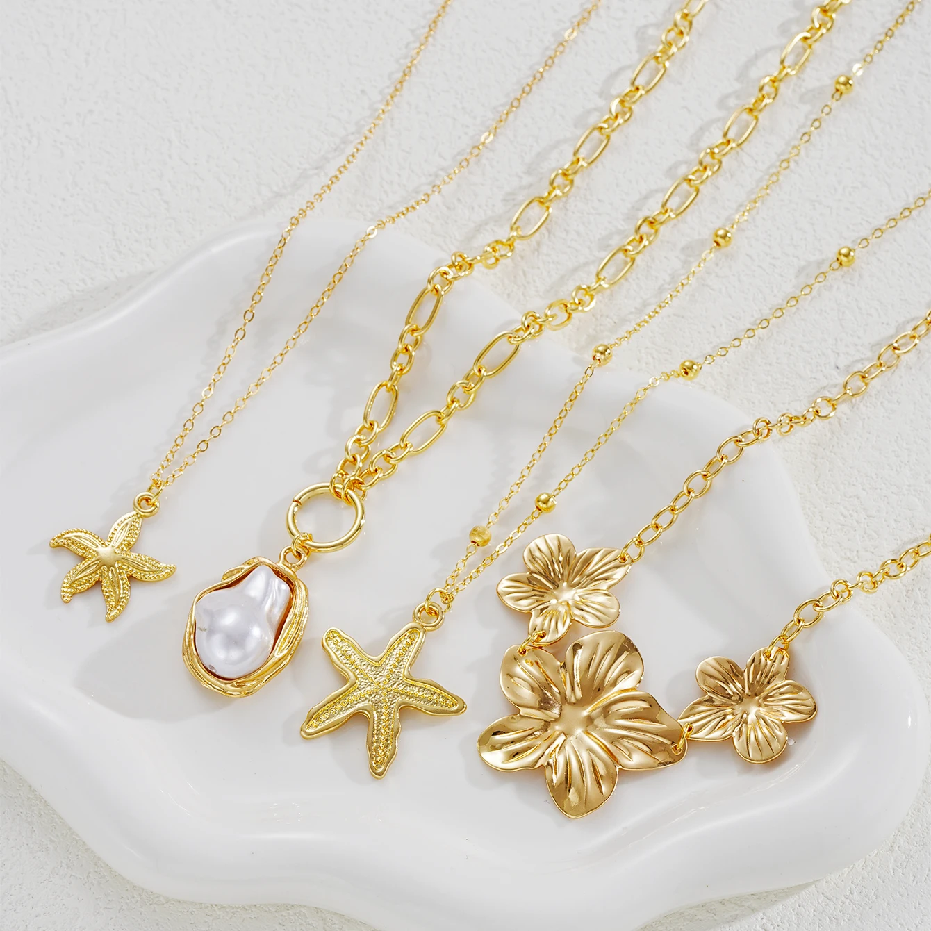 New Flower Starfish Imitation Pearl Pendant Necklaces for Women Fashion Gold Color Multilayer Necklaces Sets Party Jewelry Gifts image 4
