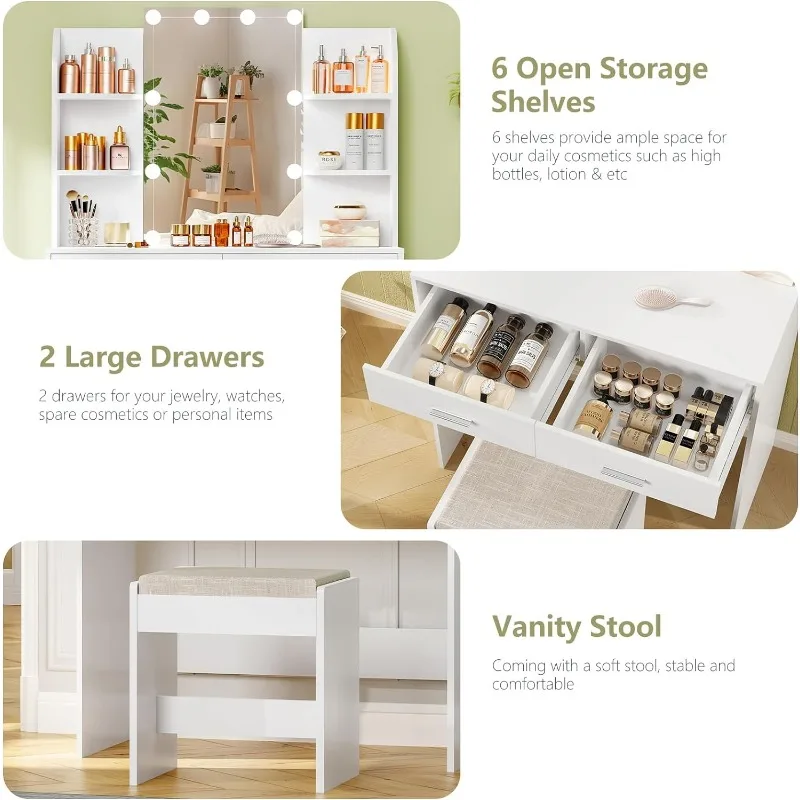 Vanity Desk with Mirror & Lights, Makeup Vanity Table with 2 Large Drawers, 6 Storage Shelves & Stool, Bedroom Dressing Vanity