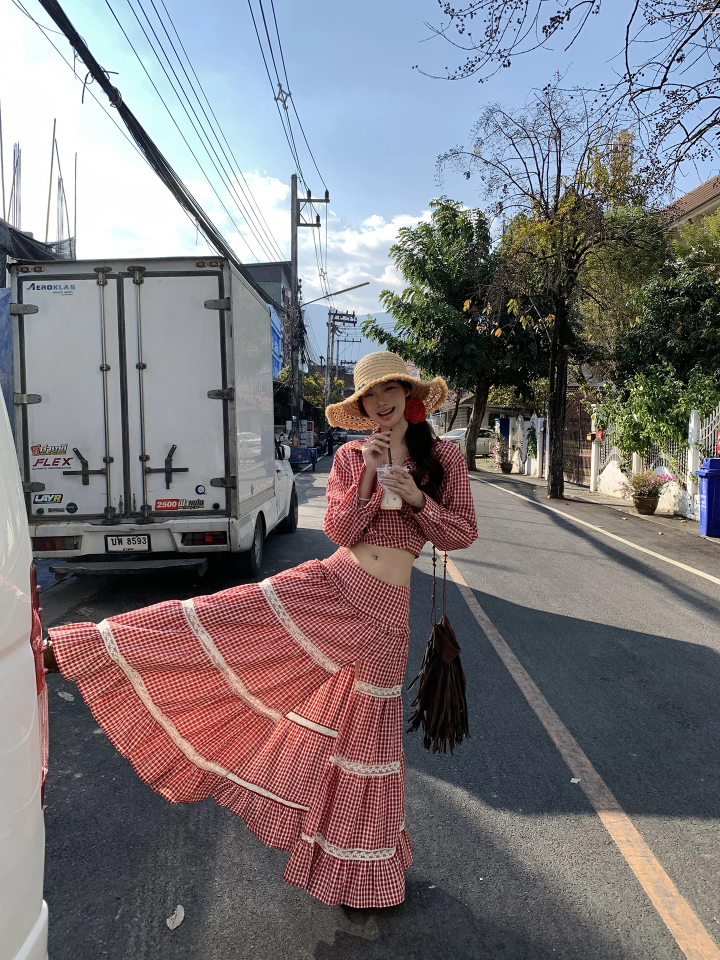 

Red Plaid Shirt Women's Short Sleeveless Summer Top Cotton Long Sleeve Shirt Stylish Commute Style Fashionable Red Color