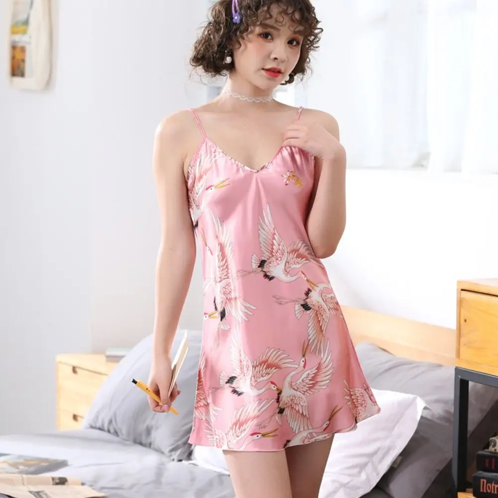 Red-crowned Crane Women's Pajama Dress Chinese Style Homewear Ice Silk Suspender Nightdress Party Dress Sleepwear