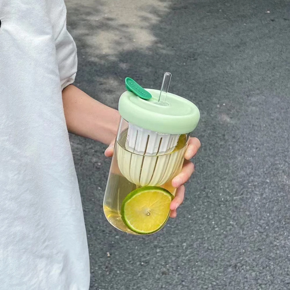 

1PC Transparent PC Water Cup with Straw Anti-Drop Double-Layer Isolated Tea Leaves Leak-Proof Travel Cup for On-the-Go