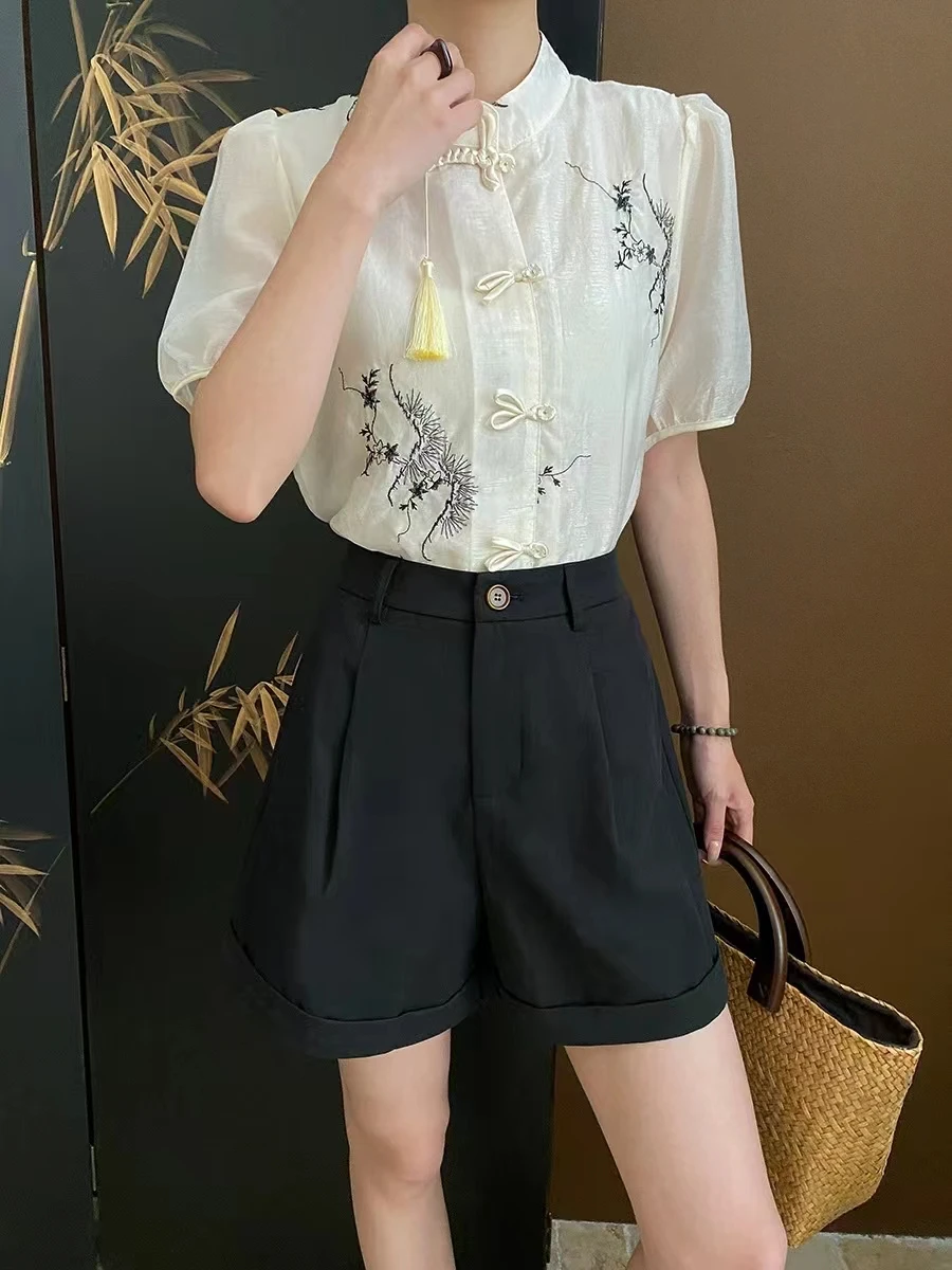 New Chinese Style Zen Inspired Chinese Style Buckle With Heavy Industry Embroidery Jacquard Bubble Sleeve Shirt Short Style