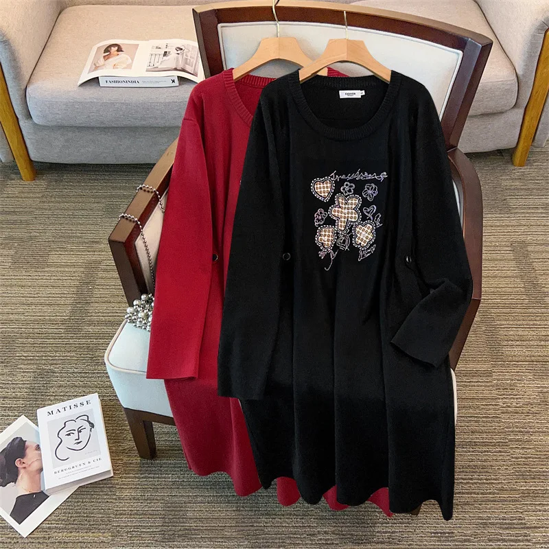 

Женское платье-свитер больших размеров 155 кг, осень-зима, длинное платье-свитер со стразами и круглым вырезом, осень-зима 160, 4XL, 5XL, 6XL, 7XL, 8XL, 9XL