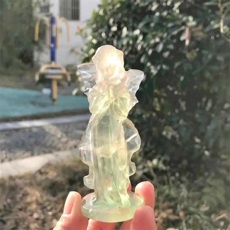 10CM Natural Fluorite Angel Figurine Stone Carved Crafts Gemstone Crystal Carving Healing Home Decorating Birthday Gift 1pc