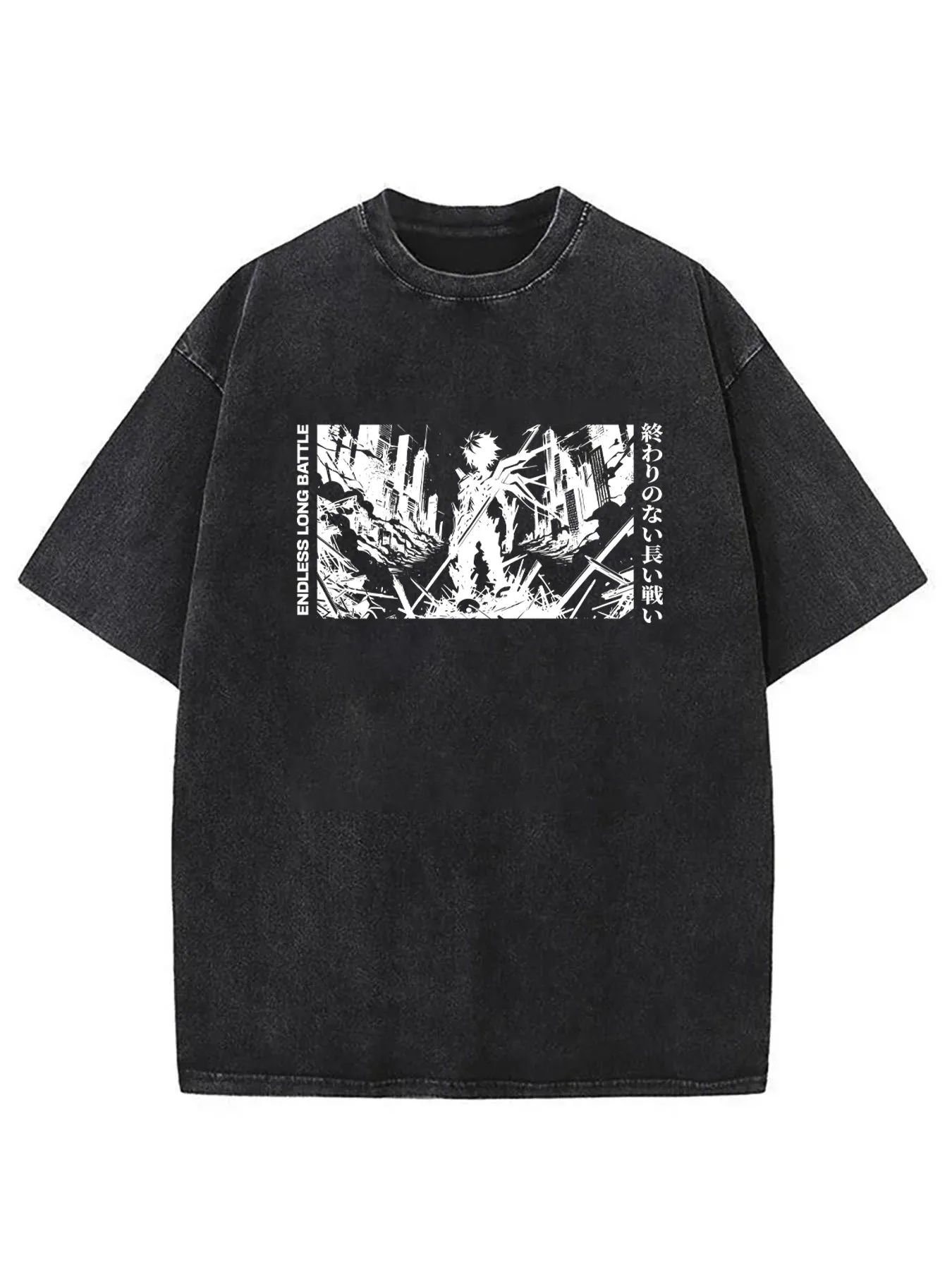 Washed Men's T-Shirt with Text on the Front: Endless Long Battle, Monochrome Character Scene Pattern, Japanese-Style Typography, Bold Print, Casual Loose Fit, Regular Sleeves, Flared Hem, Round Neck, Slightly Stretchy Fabric