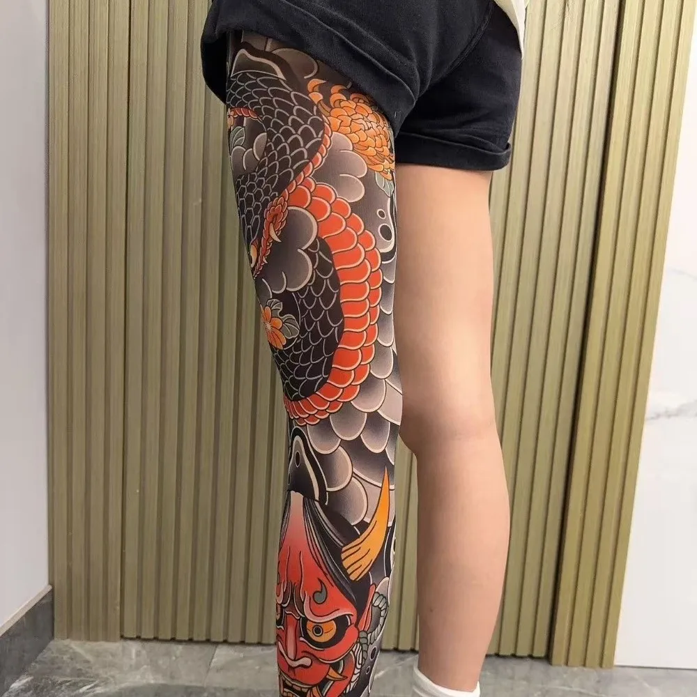 

1pc Snake Japanese Style Tattoo Socks Breathable Elastic Men Sun-proof Socks Thin UV Protection Full Leg Socking Summer