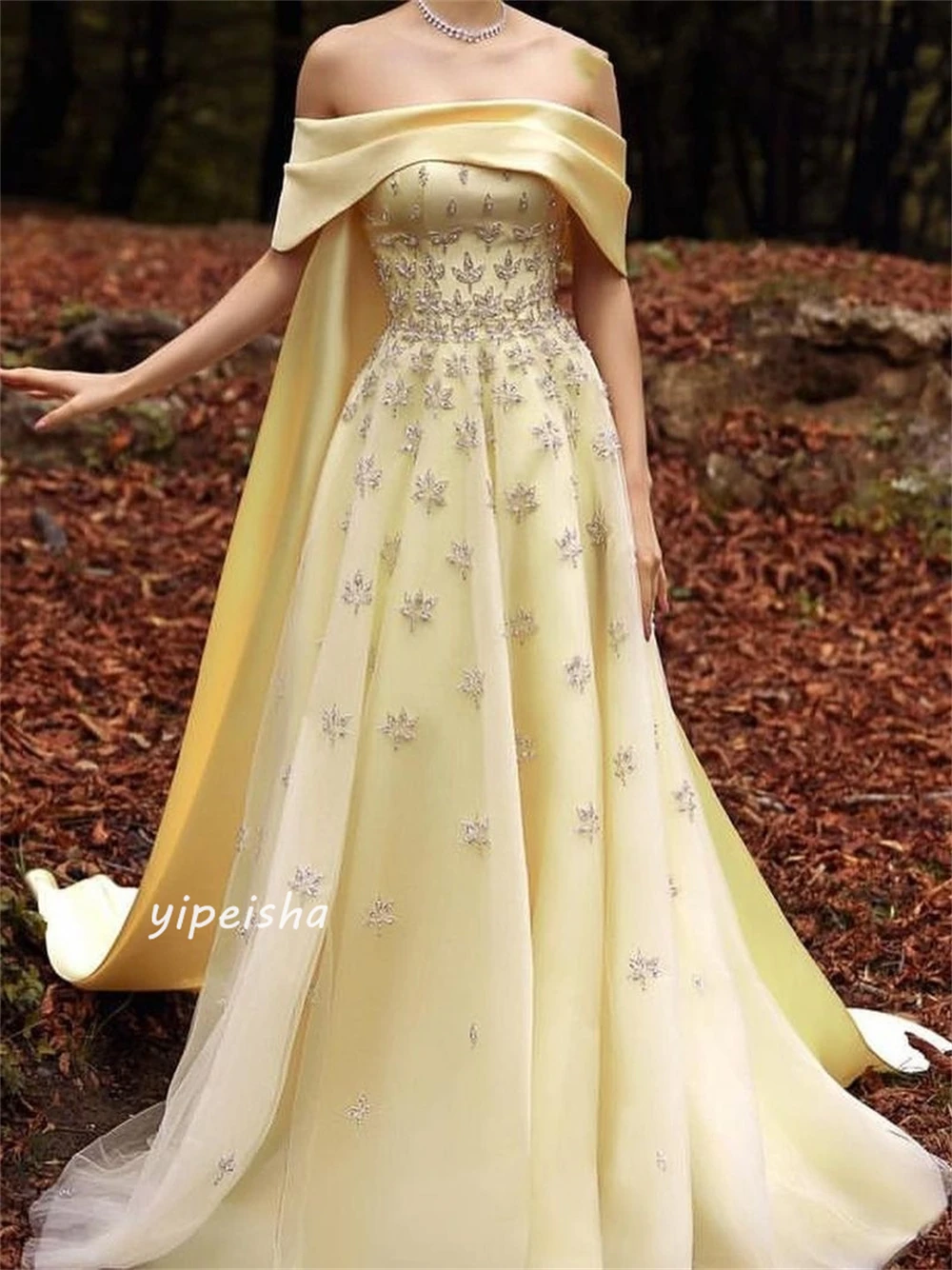 Customized Satin Sequined Ruched A-line Off-the-shoulder Bespoke Occasion Gown Long Dresses Saudi Arabia Evening