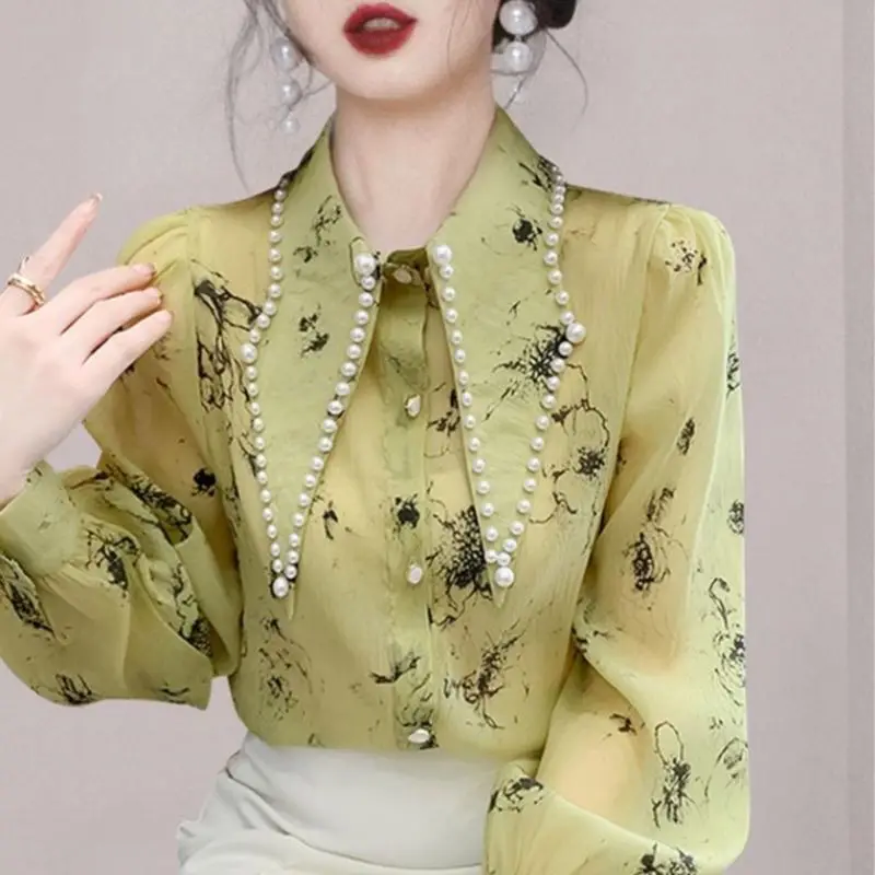 Vintage Printed Lapel Single-breasted Puff Sleeve Shirts Women\'s Clothing Autumn Winter Elegant Chiffon Tops Office Lady Blouses