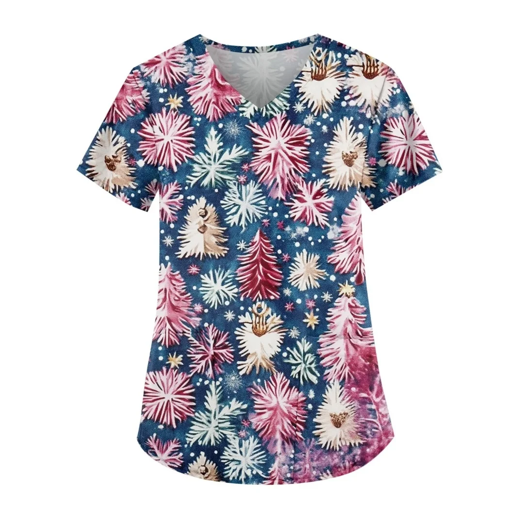여성용 슬림 플로럴 프린트 탑스 브이넥 여성 수의사 유니폼 반팔 더블 포켓 스트레치 브이넥 스크럽 유니폼
