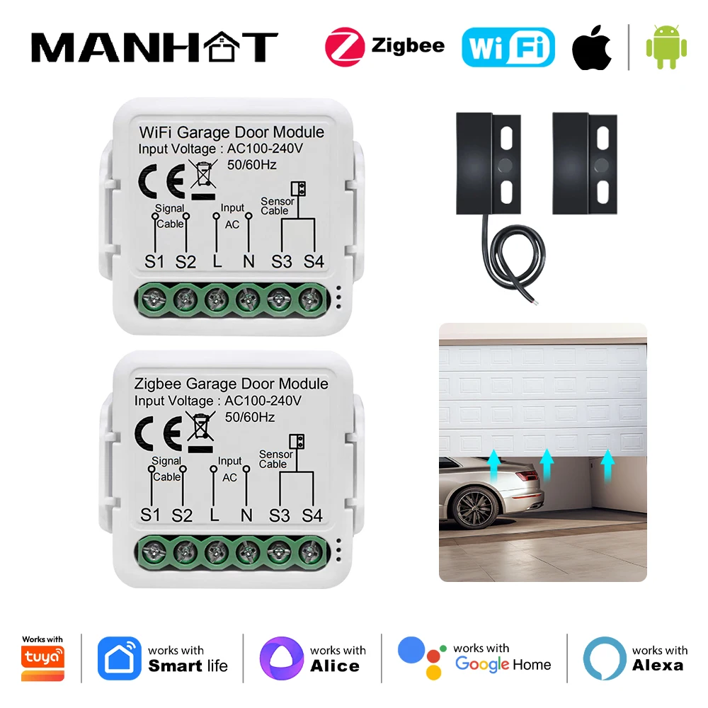 Manhot Zigbee/WiFi Switch Smart Garage Door Opener Controller Module Voice Remote Control Work With Tuya Alexa Google Home Alice