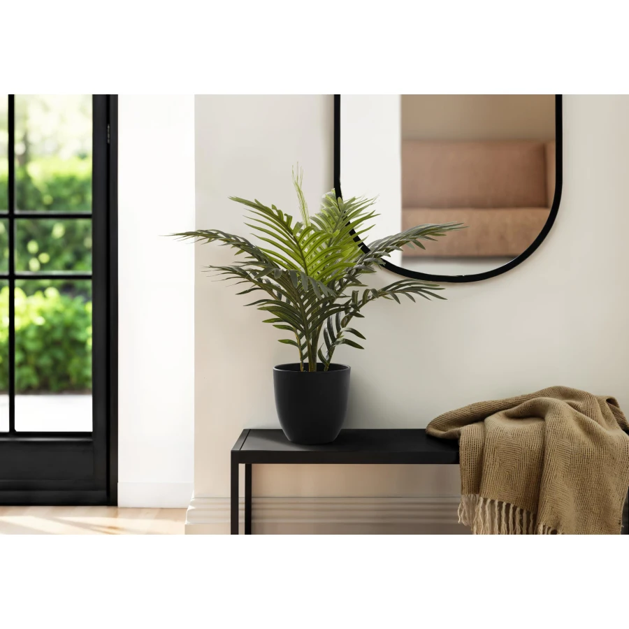 

Искусственная пальма 20 см высотой, для интерьера, имитация, настольная, в горшке, с эффектом живого растения, декоративные зеленые листья, черный горшок