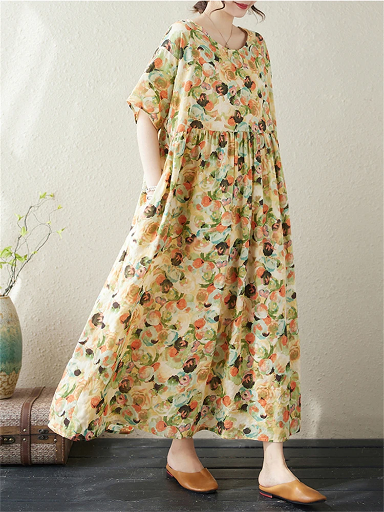 2024 New Summer Cotton Vintage Short Sleeve Print Dresses For Women Casual Loose Long Dress Femme Robe Vestidos Fashion Clothing
