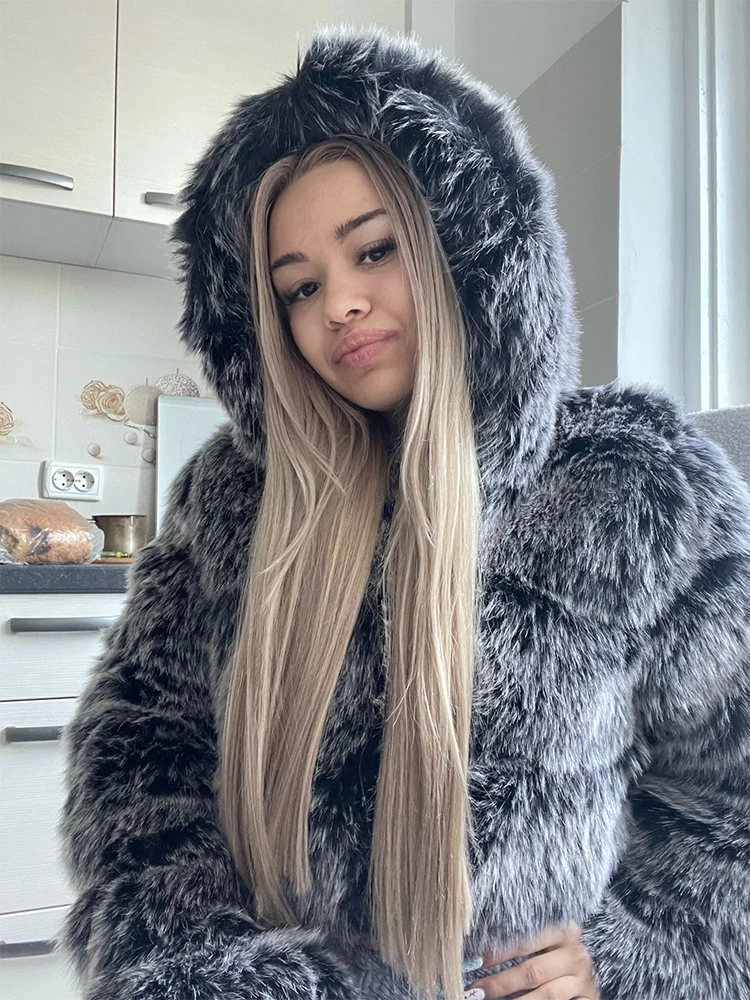 

Winter Furry Cropped Faux Fur Coats and Jackets Women Fluffy Top Coat Hooded Fur Jacket Short Zip Coat Thick Warm Womens Clothes