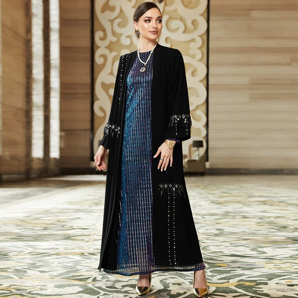 Eid Open Abaya Black Tassel Cardigan Muslim Women Kimono Maxi Dress Turkey Arab Kafan Long Robe Dubai Saudi Gowns Ramadan Gowns