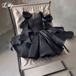 Lily Black A-Line Mini Prom Dresses Bow Short Party Dress with Sequins Satin Princess Birthday Dress for Woman 프롬 드레스 Customized