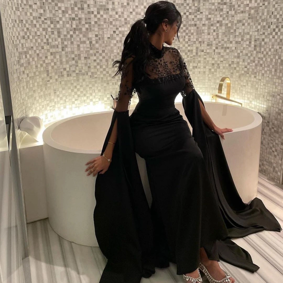 

Santorini Elegant Saudi Arabia Women Wear Mermaid Black Evening Dresses Bead High Collar Prom Party Long Sleeves Vestidos Fiesta