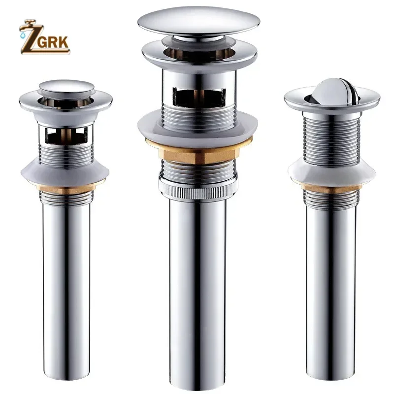 ZGRK Quality Brass Sink Drain Chrome Plated Water Drain Bathroom Basin Pop Up Drain with Overflow Design