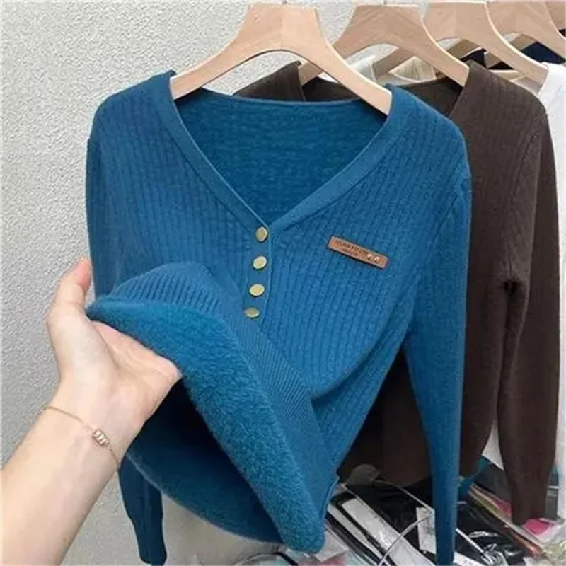 Mink Integrated Velvet Add Velvet Padded Sweater Knit Bottoming Shirt Female Autumn Winter New Coat Pullover V-Neck Top Women