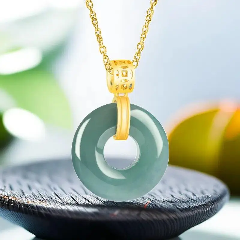 

Blue Myanmar Jadeite Ring Pendant Necklace 18K Gold Plated Carved Luxury Gifts for Women Men Real Burmese Jade Amulet Fashion