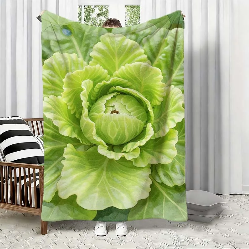 Novelty Simulation Green Cabbage Flannel Blanket Realistic Vegetable Plant Plush Throw Blanket for Bedroom Sofa Cover