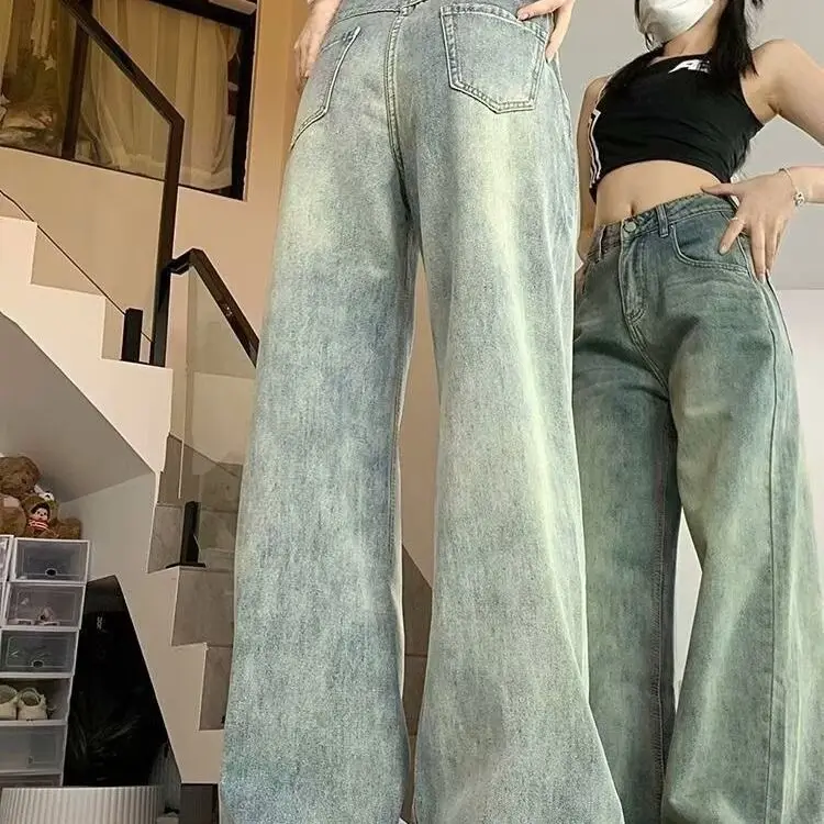 

Джинсы с высокой талией и широкими штанинами для женщин, весенне-осенние, свободного кроя, узкие, тонкие, в пол, в корейском стиле