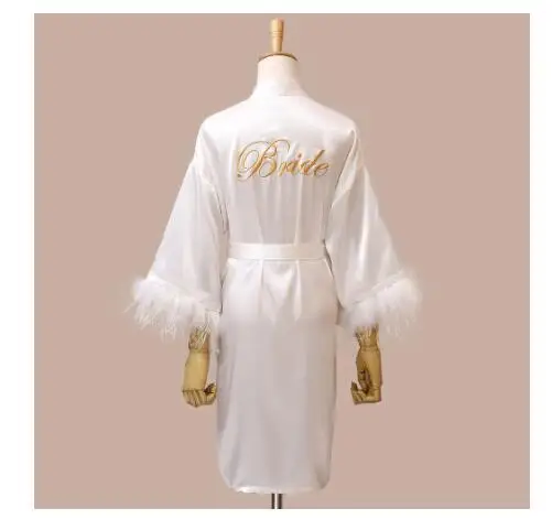 Women FEATHER Bride Bridesmaid Wedding Robe Satin Kimono Bathrobe Gown Nightwear Embroidery Letter Nightgown V-Neck Lingerie