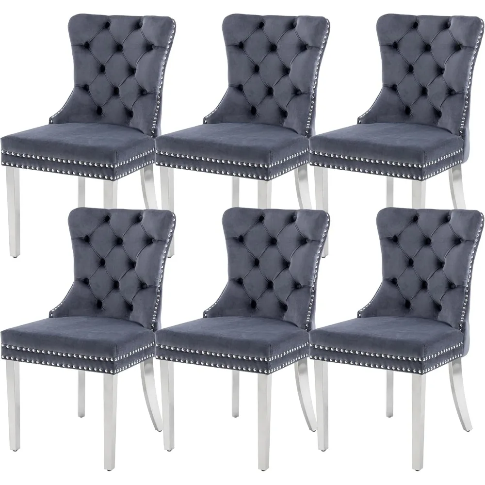 Dining Chairs Set of 6, Upholstered High-end Tufted Dining Room Chair with Nailhead Back Ring Pull Trim Stainless Steel Legs