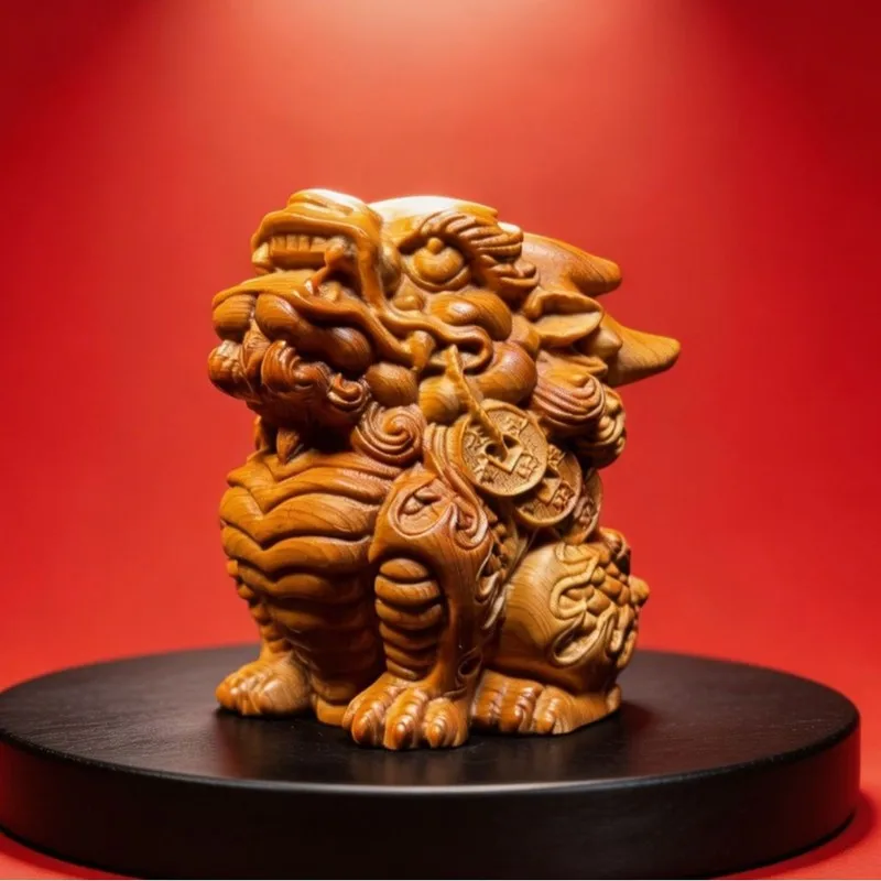 Aged Thuja Wood Pixiu Carving, Hand Carved Wooden Pixiu Figurine, Feng Shui Hand Piece, Desktop Ornament, Lucky Wealth Gift