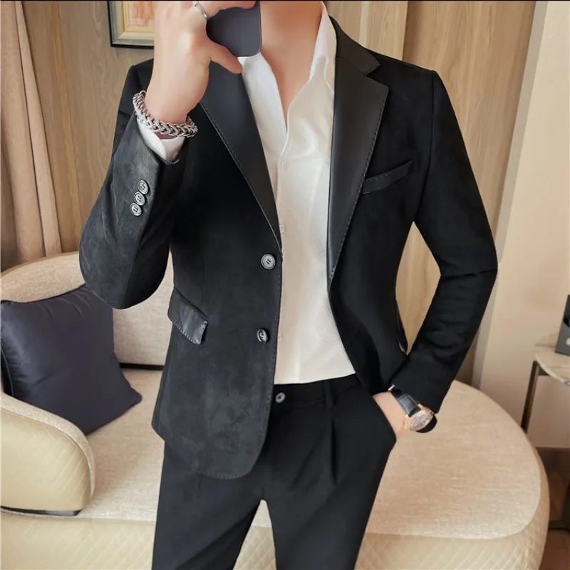 High-quality PU Patchwork Suede Men's Blazers Brand Solid Color Slim Fit Casual Business Dress Coats Social Banquet Men Clothing