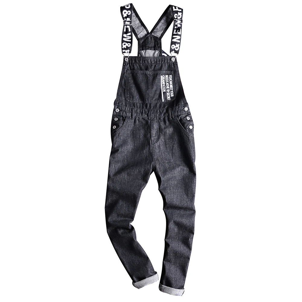 

Men Letters Print Denim Bib Overalls Pockets Cargo Working Jeans Black Cotton Suspenders Jumpsuits Coveralls Dungarees
