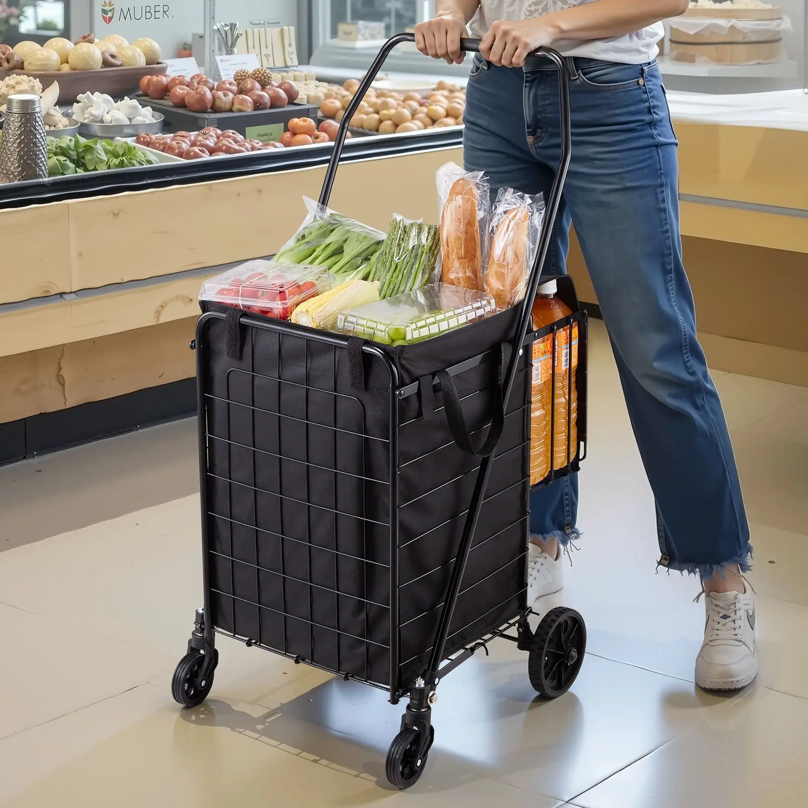 Shopping Cart, Folding Grocery Utility Cart with Dual Baskets, Waterproof Liner & Wheels, 100 LBS Large Load Capacity, Heavy