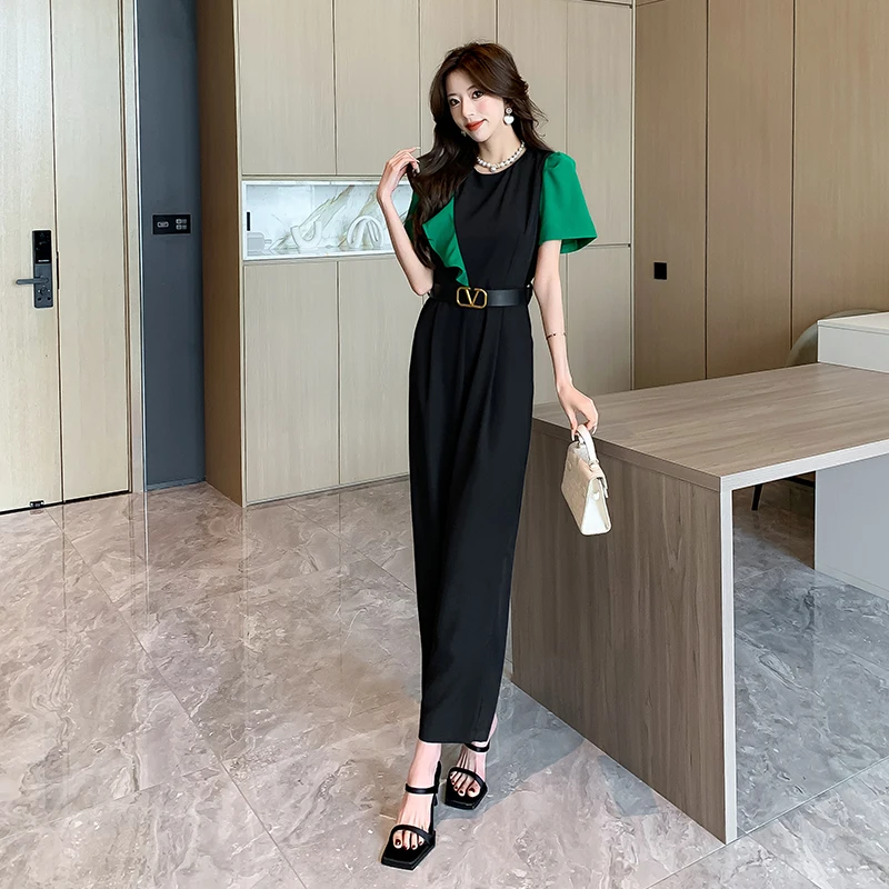 

2024 Women Elegant Office Lady Loose Wide Leg Pants Bodysuits O Neck Hit Color Ladies Ruffles Jumpsuits Fashion Streetwear