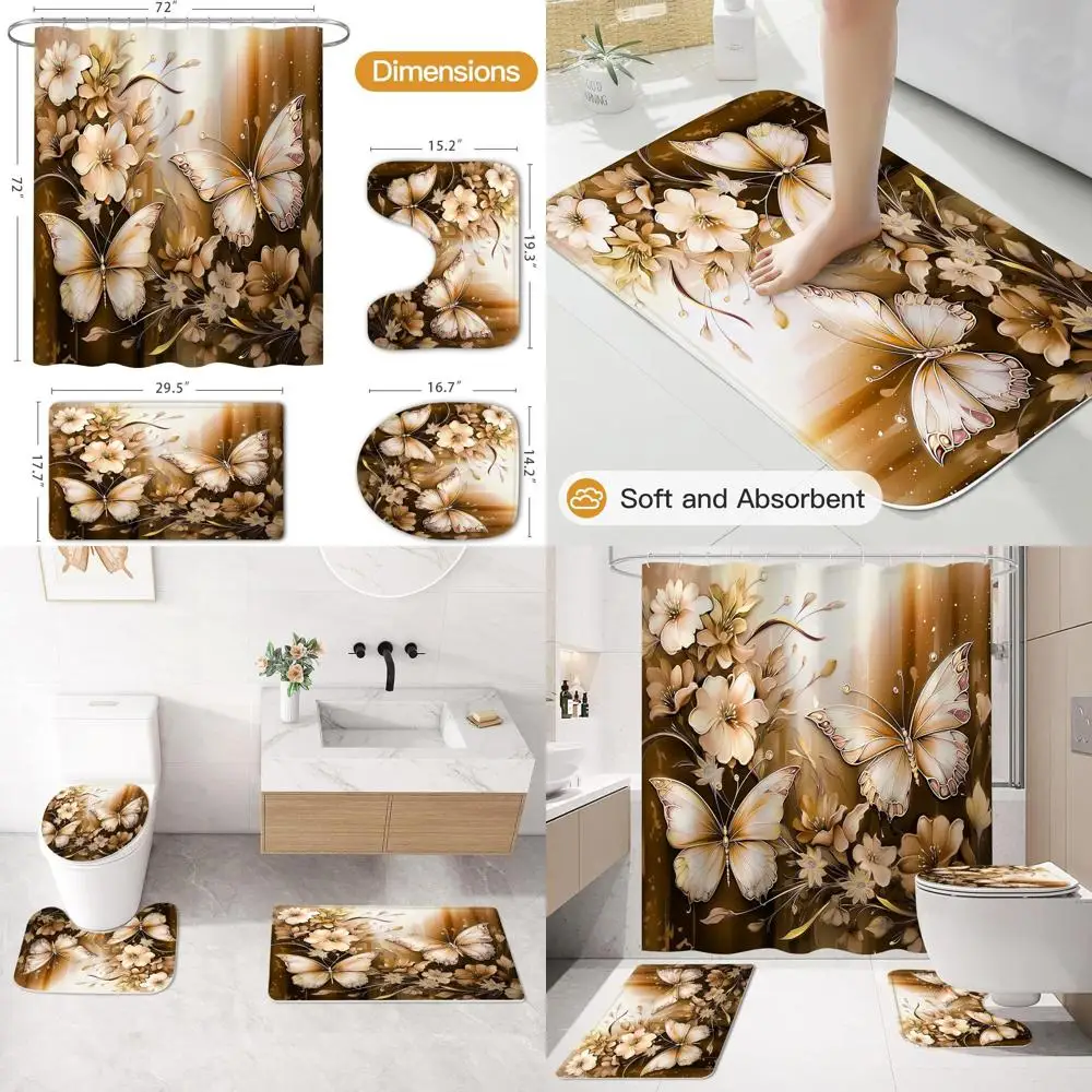 

Vintage Gold Brown Floral Shower Curtain Set with Non-Slip Rugs, Toilet Lid Cover, and Bath Mat for Chic Bathroom Decor (Hooks N