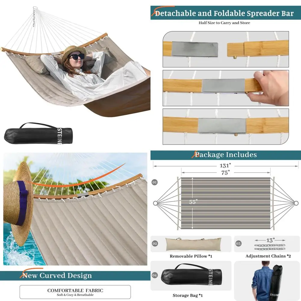 

Двойной гамак из стеганой ткани для улицы с подушкой, складной распоркой, цепями, сумкой для переноски, идеально подходит для отдыха и