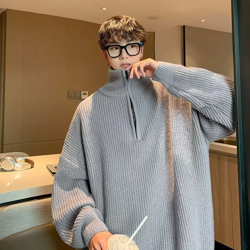 

High Collar Knitted Sweater Men's Casual Loose Fit Color High Street Sle Autumn Winter New Arrival Polyester Fiber