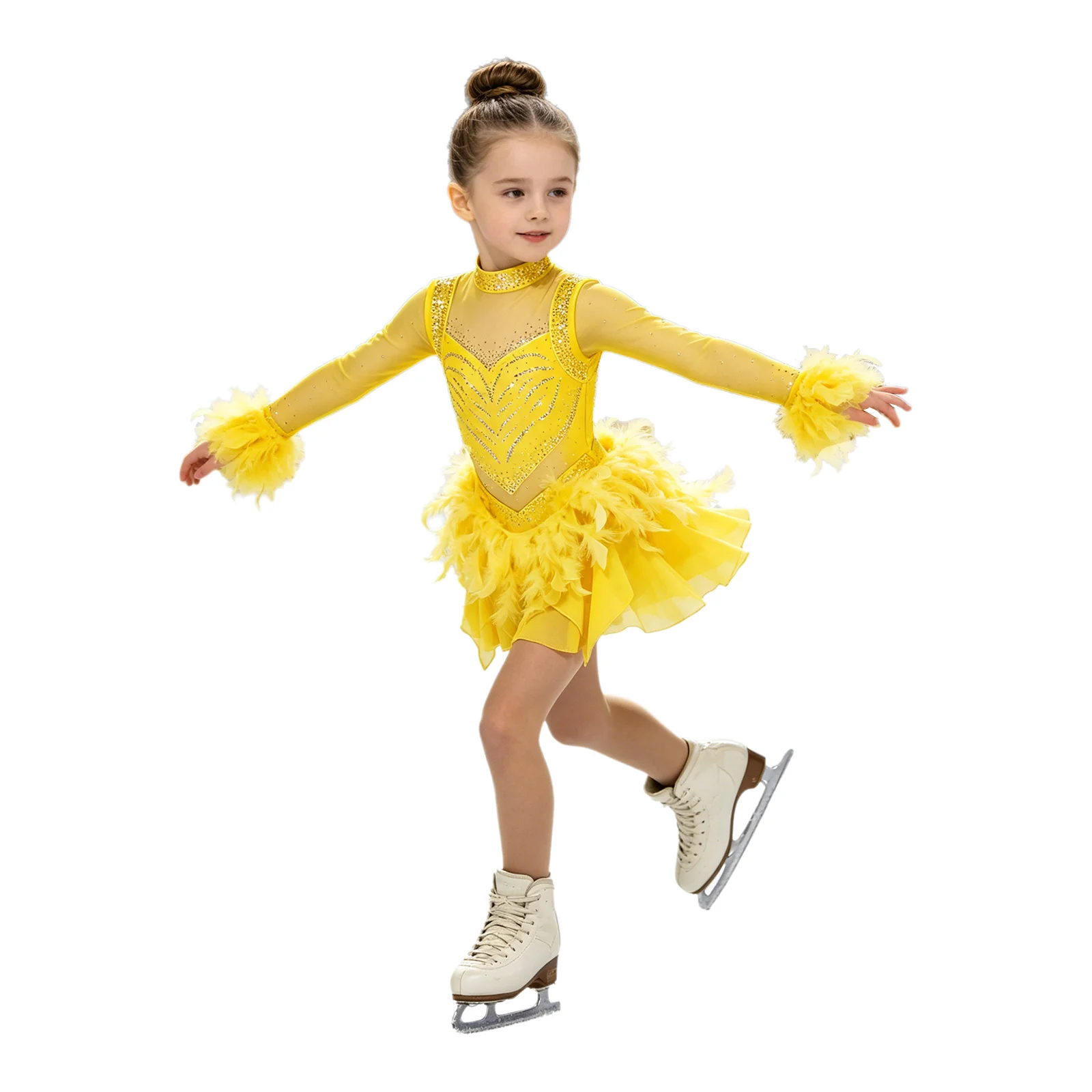 Girls Rhinestone Figure Skating Dress Ballet Rhythmic Gymnastics Performance Costume Long Sleeves Mesh Feather Ruffled Leotard