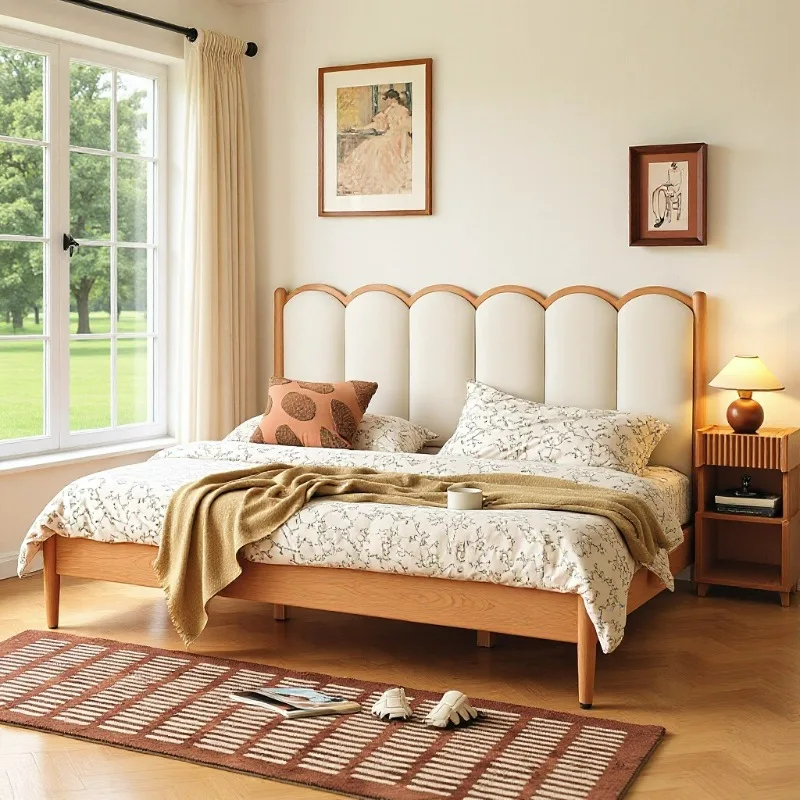 

Family bedroom Small apartment Solid wood soft bag Double bed Cherry wood Master bedroom Cream bedside cushion
