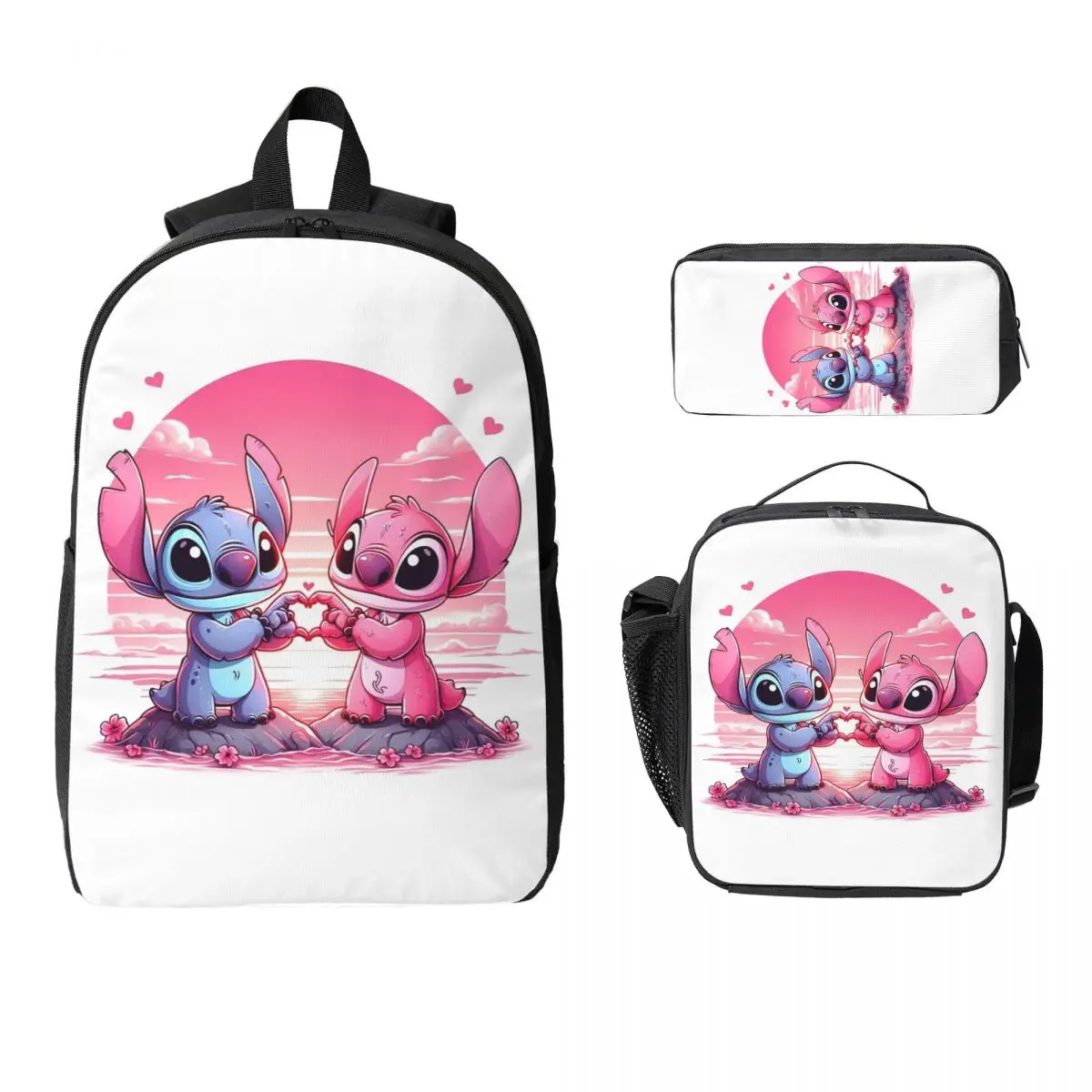 

Рюкзак с героями мультфильмов Stitch And Angel, студенческий рюкзак для мальчиков и девочек, школьная сумка, сумки на плечо для ноутбука, 3 шт., изолированная сумка для обеда, пенал