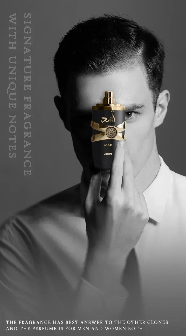 Lattafa Asad Eau De Parfum 3.4oz – عطر كهرماني دافئ حار للجنسين، هدية فاخرة جريئة تدوم طويلاً من دبي