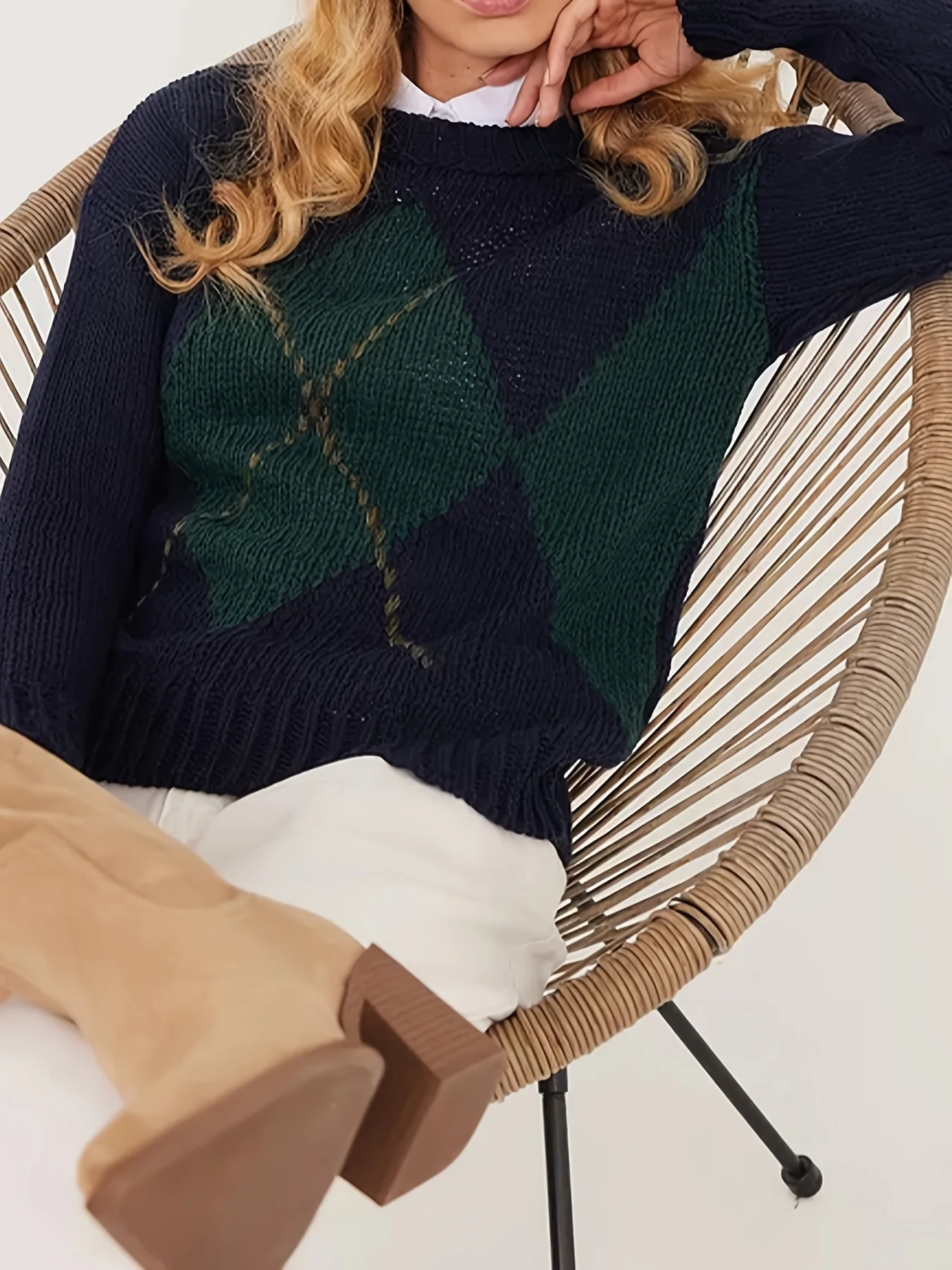 

Новый стильный, элегантный, простой, повседневный повседневный, универсальный женский вязаный пуловер в клетку с длинными рукавами в стиле ретро