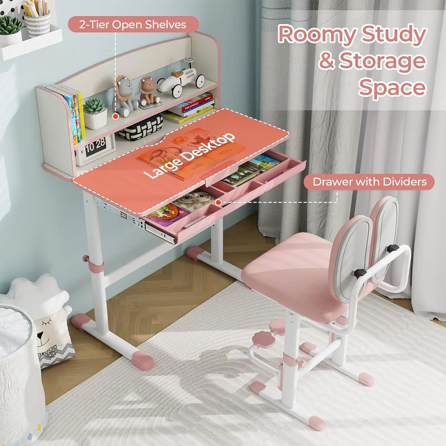 Altura ajustável Desk and Chair Set for Kids, Escola Estudo Tabela, com Tilt Desktop, gaveta de armazenamento, Hutch, Stude