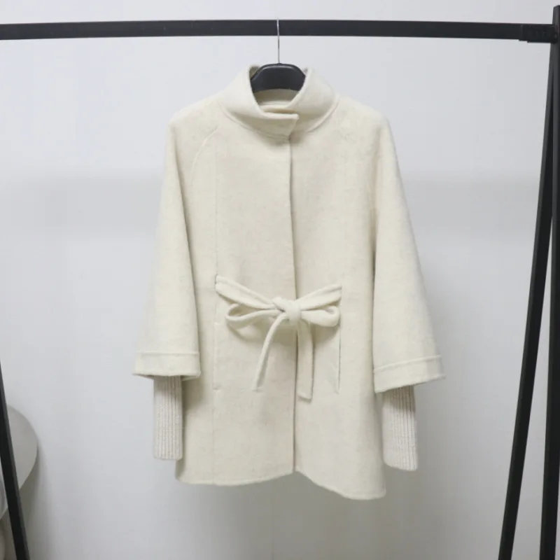

Loose Fit Slimming Medium-Length Blends New Women's Double-Faced Wool Coat Trench Coat Standing Collar Tie Belt Spring Jacket