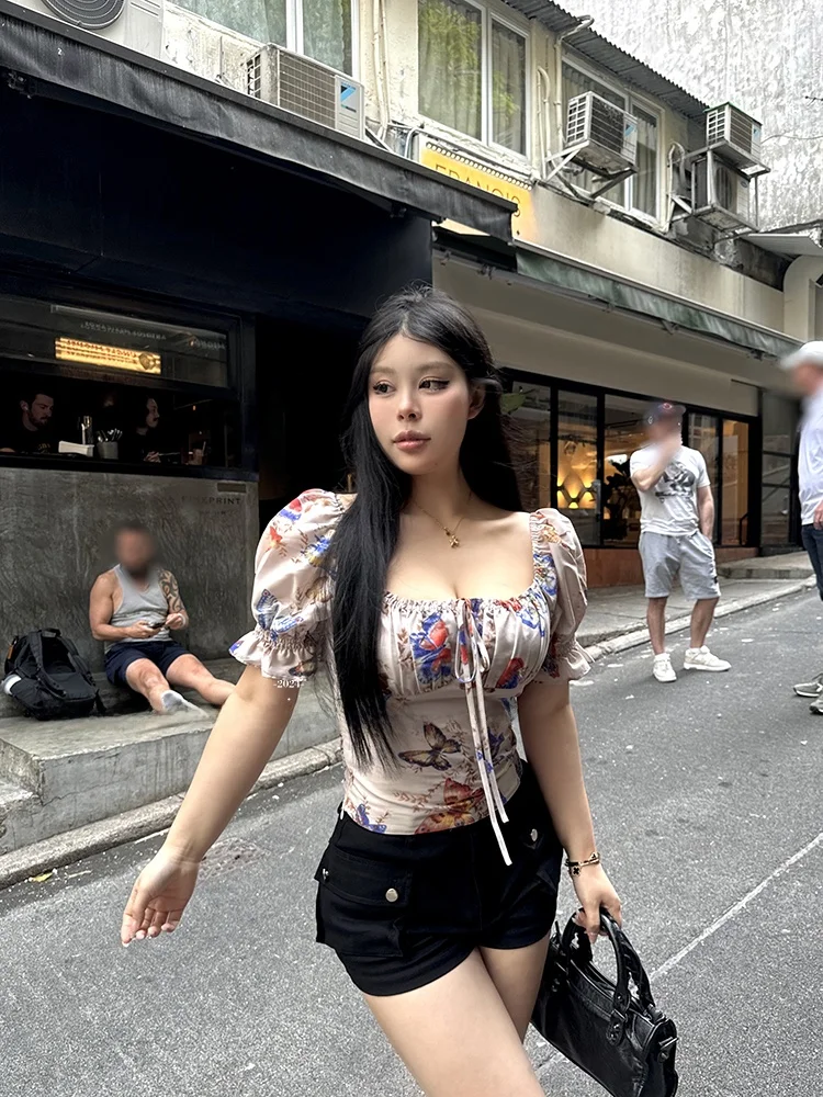 

Slimming Effect Square Collar irt Ba Gathered High Waist Bubble Sve Polyester Fiber Women's plus Size Summer New Sle