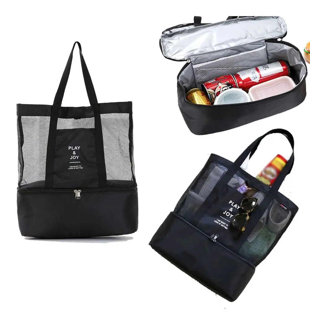 Casual Organizer Bath Toiletry with Cooler Fresh-Keeping Zipper One-Shoulder Bag Women Handbag 2 in 1 Picnic Bag Mesh Beach Bag