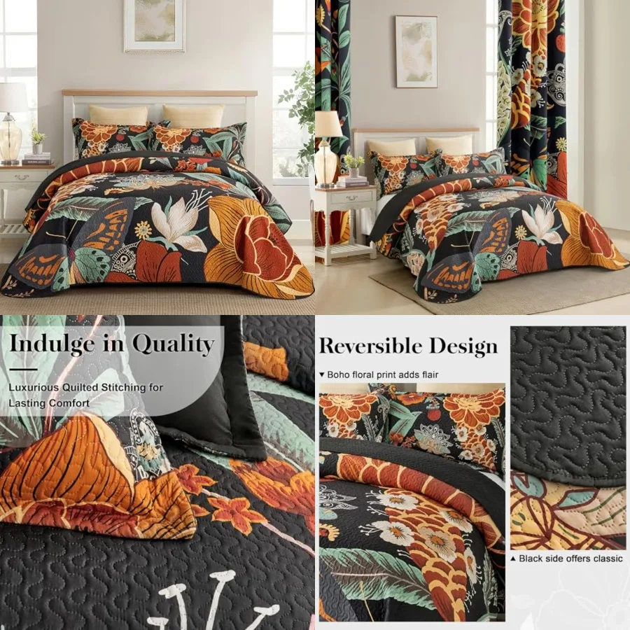 

3 Pcs Black Boho Floral Quilt Sets Reversible Farmhouse Botanical Lightweight Bedspread Coverlet with 2 Shams Butterfly Microfi