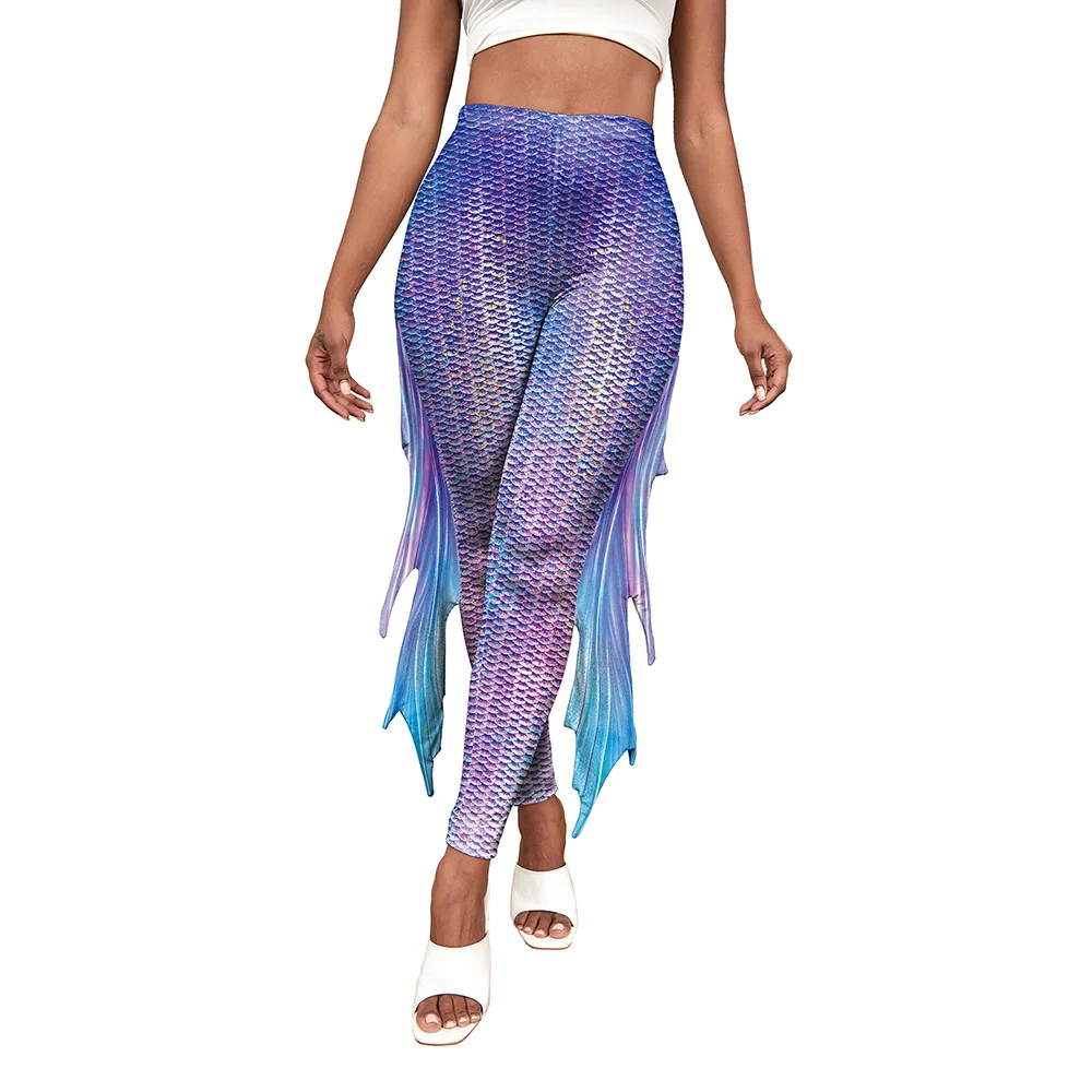 [You\'re My Secret] Women Summer Funny Cosplay Adult High Waisted Fish Scaled Printed Mermaid Leggings With Loose Tail Fins