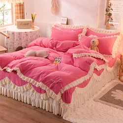 Korean Princess Style Bedding Set Soft Thickened Duvet Cover Bed Sheet Skirt and Pillowcases Cute Bow Girls Pink Comfort Cover