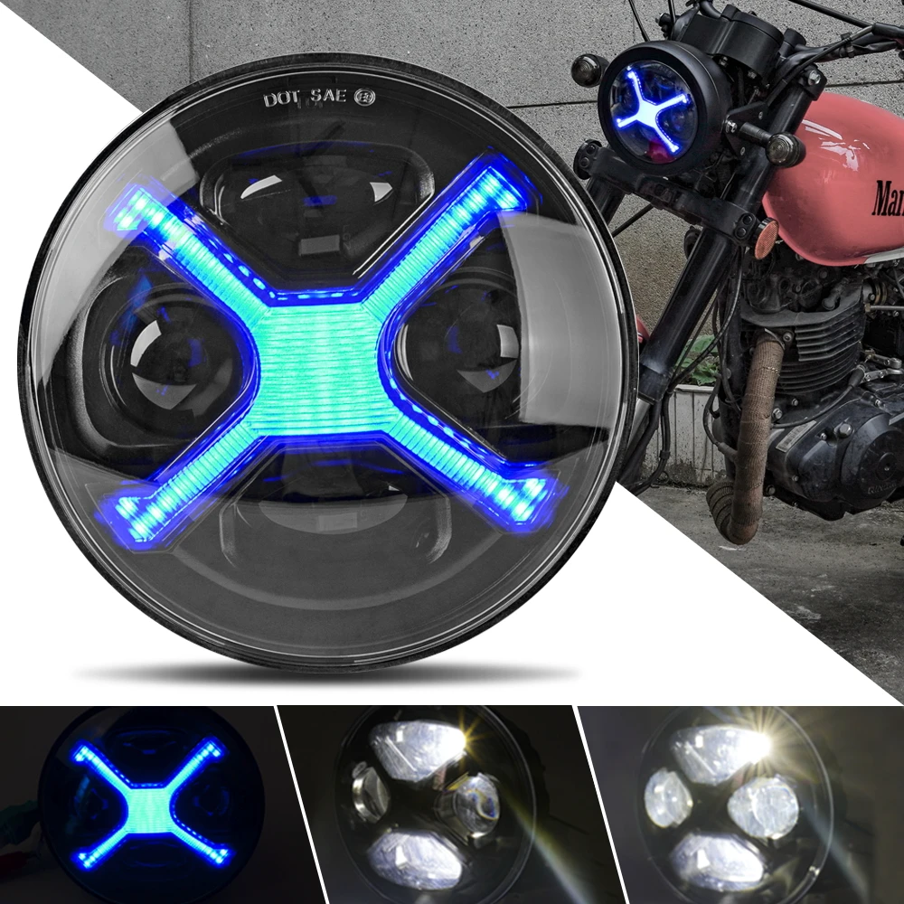 

5,75-дюймовая светодиодная фара для мотоцикла, синяя фара в стиле 5-3/4 Smoky X, совместимая с Harley 883 1200 X48 Indian Scout и т. д.