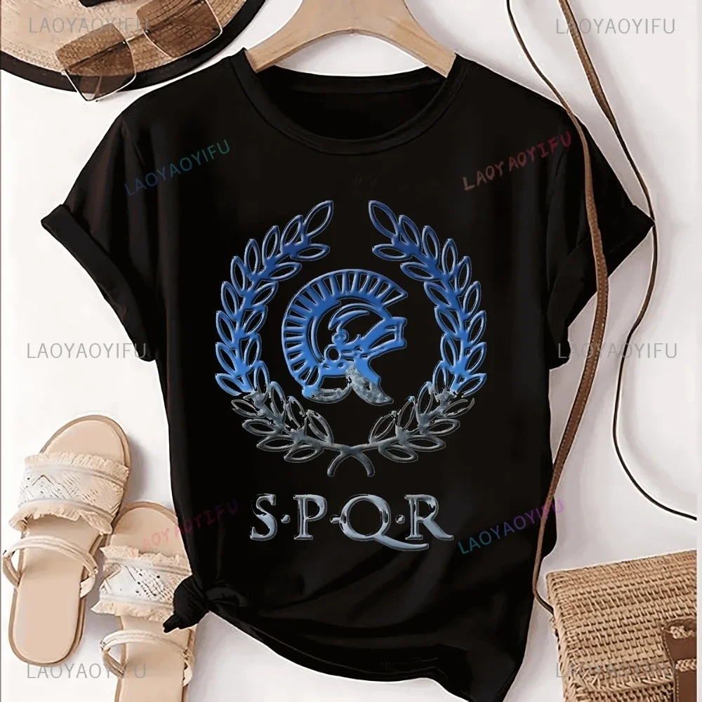 SPQR- Roman Empire Standard Shield Printed T-shirt Top Neutral Trend Harajuku Short Sleeve Unisex Shirt Pattern Large T-shirt