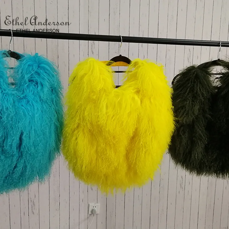 Luxury Real Mongolia Lamb Fur Handbag Soft Plush Genuine Leather Shoulder Boston Bag Women's Purse Hobo Style Fluffy Fuzzy Bags